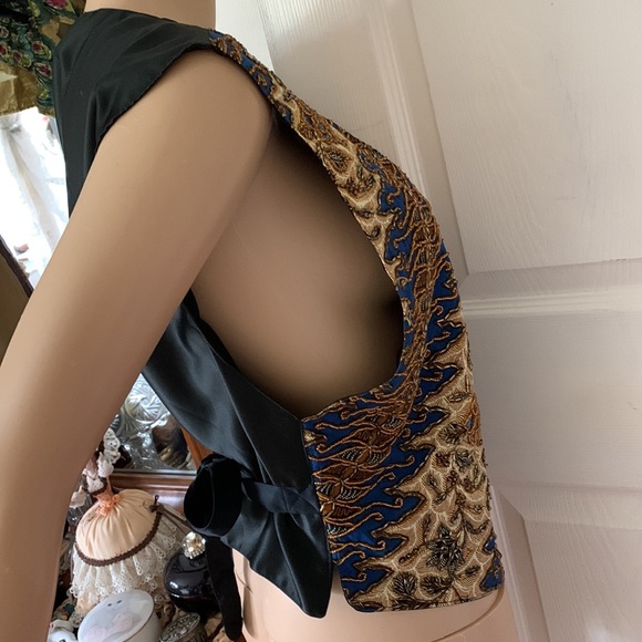 Vintage 80s beaded sleeveless black satin fancy VEST jacket L - Picture 13 of 16